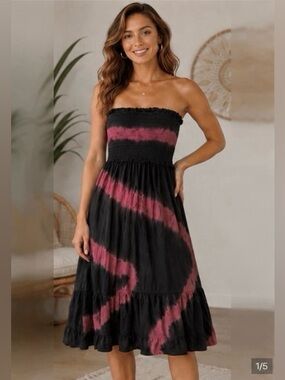 Elan Collection Black & Pink Strapless Smocked Tie-Dye Maxi Dress Size M